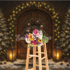 Aperturee - Aperturee Rustic Christmas Front Door Photography Backdrop Snowy Porch with Garland and Lanterns Holiday Photo Background