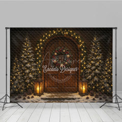 Aperturee - Aperturee Rustic Christmas Front Door Photography Backdrop Snowy Porch with Garland and Lanterns Holiday Photo Background