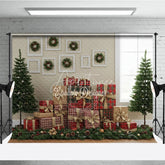 Aperturee - Aperturee Rustic Christmas Gallery Wall Photography Backdrop Plaid Presents and Wreaths Farmhouse Holiday Background