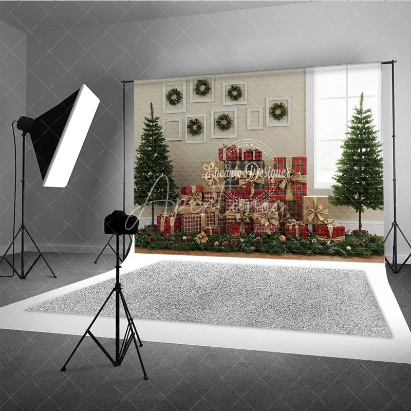 Aperturee - Aperturee Rustic Christmas Gallery Wall Photography Backdrop Plaid Presents and Wreaths Farmhouse Holiday Background