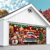 Aperturee - Aperturee Rustic Christmas Garage Door Banner with Vintage Red Car Snowman and Decorated Tree Merry Christmas Decor.