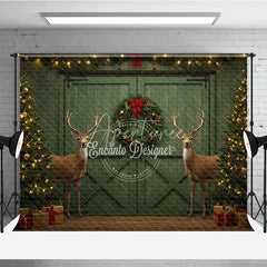 Aperturee - Aperturee Rustic Christmas Green Barn Door Combo Set Backdrop Reindeer with Flocked Trees and Wood Floor Holiday Photo Studio