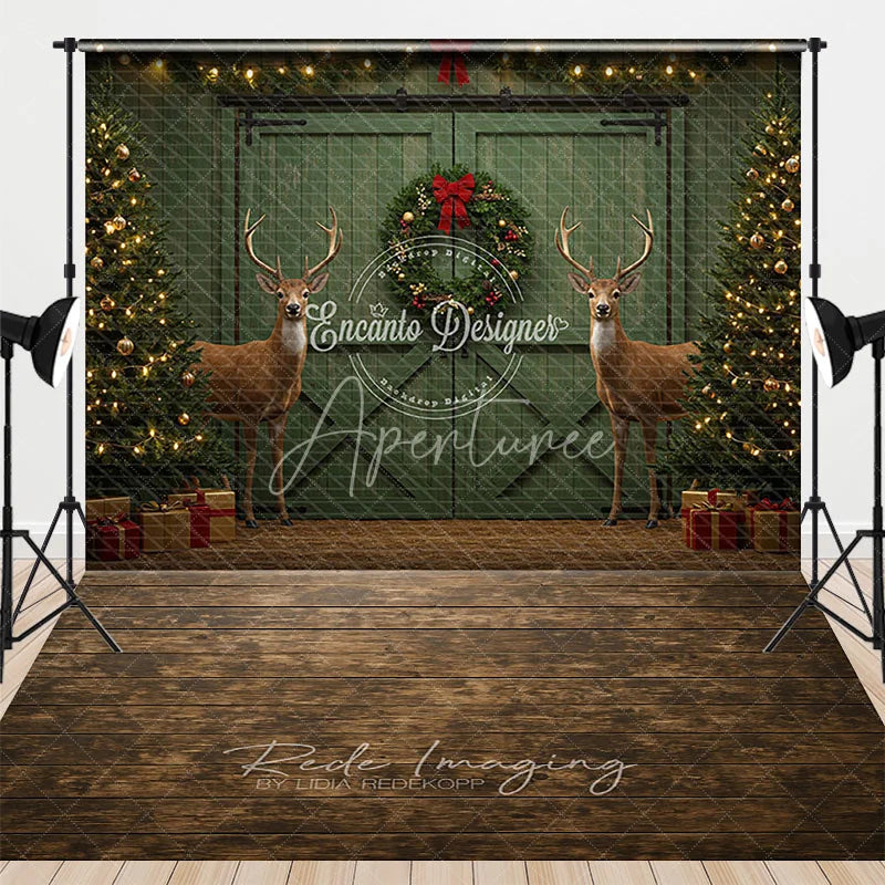 Aperturee - Aperturee Rustic Christmas Green Barn Door Combo Set Backdrop Reindeer with Flocked Trees and Wood Floor Holiday Photo Studio