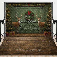 Aperturee - Aperturee Rustic Christmas Green Barn Door Combo Set Backdrop Reindeer with Flocked Trees and Wood Floor Holiday Photo Studio