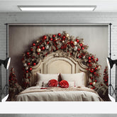 Aperturee Aperturee Rustic Christmas Headboard Photography Backdrop Frosted Garland with Red Ornaments Farmhouse Bedroom Photo Prop