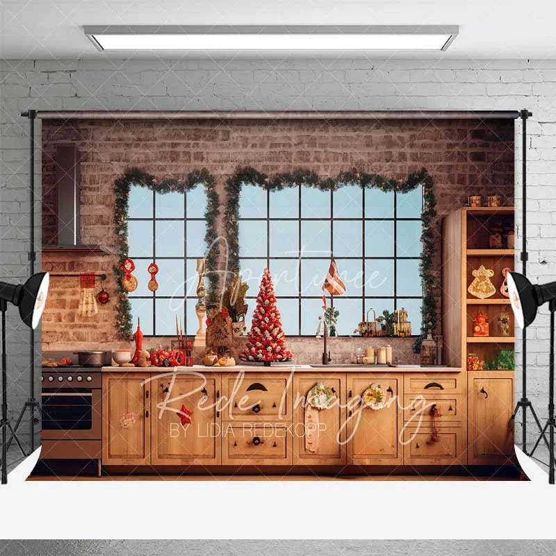 Aperturee - Aperturee Rustic Christmas Kitchen Backdrop Brick Wall Large Windows Red Berry Tree Baking Scene Photo Background