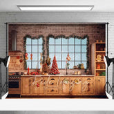 Aperturee - Aperturee Rustic Christmas Kitchen Backdrop Brick Wall Large Windows Red Berry Tree Baking Scene Photo Background