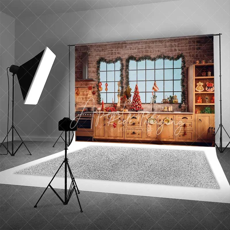 Aperturee - Aperturee Rustic Christmas Kitchen Backdrop Brick Wall Large Windows Red Berry Tree Baking Scene Photo Background