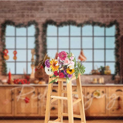 Aperturee - Aperturee Rustic Christmas Kitchen Backdrop Brick Wall Large Windows Red Berry Tree Baking Scene Photo Background