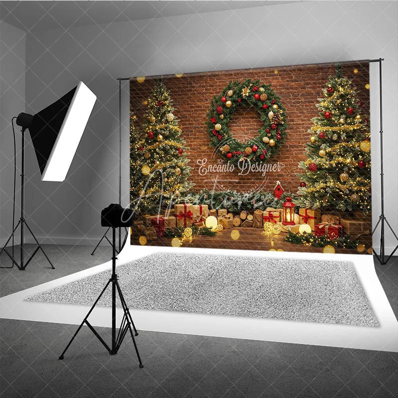 Aperturee - Aperturee Rustic Christmas Photography Backdrop Brick Wall with Trees and Wreath Bokeh Lights Holiday Photo Background