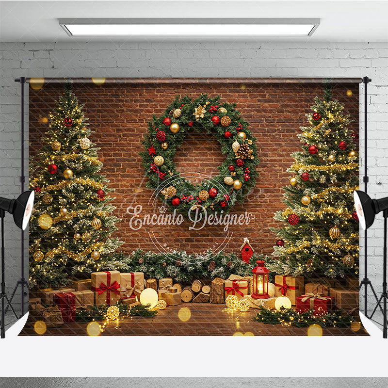Aperturee - Aperturee Rustic Christmas Photography Backdrop Brick Wall with Trees and Wreath Bokeh Lights Holiday Photo Background