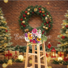 Aperturee - Aperturee Rustic Christmas Photography Backdrop Brick Wall with Trees and Wreath Bokeh Lights Holiday Photo Background