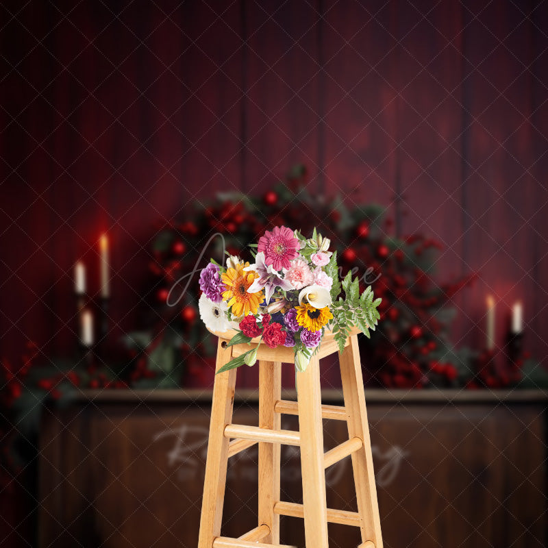 Aperturee Aperturee Rustic Christmas Photography Backdrop Fireplace Mantel with Red Berry Garland Moody and Elegant Holiday Prop