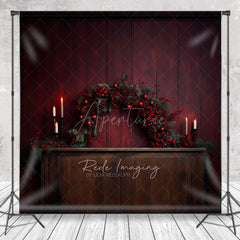 Aperturee Aperturee Rustic Christmas Photography Backdrop Fireplace Mantel with Red Berry Garland Moody and Elegant Holiday Prop