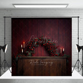Aperturee Aperturee Rustic Christmas Photography Backdrop Fireplace Mantel with Red Berry Garland Moody and Elegant Holiday Prop