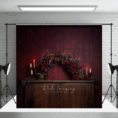 Aperturee Aperturee Rustic Christmas Photography Backdrop Fireplace Mantel with Red Berry Garland Moody and Elegant Holiday Prop