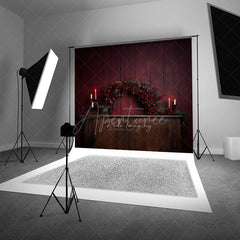 Aperturee Aperturee Rustic Christmas Photography Backdrop Fireplace Mantel with Red Berry Garland Moody and Elegant Holiday Prop