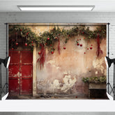 Aperturee Aperturee Rustic Christmas Photography Backdrop Vintage Red Door with Berry Garland Old Wall Studio Photo Prop Decor