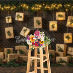 Aperturee - Aperturee Rustic Christmas Photography Backdrop with Hanging Lighted Presents Dark Wood Wall Unique Holiday Photo Background