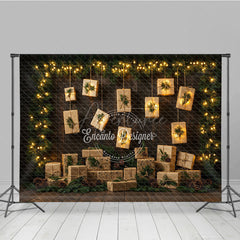 Aperturee - Aperturee Rustic Christmas Photography Backdrop with Hanging Lighted Presents Dark Wood Wall Unique Holiday Photo Background