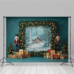 Aperturee - Aperturee Rustic Christmas Photography Backdrop with Nutcrackers Snowy Cabin Painting Holiday Mini Session Background