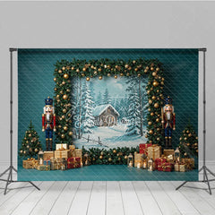 Aperturee - Aperturee Rustic Christmas Photography Backdrop with Nutcrackers Snowy Cabin Painting Holiday Mini Session Background