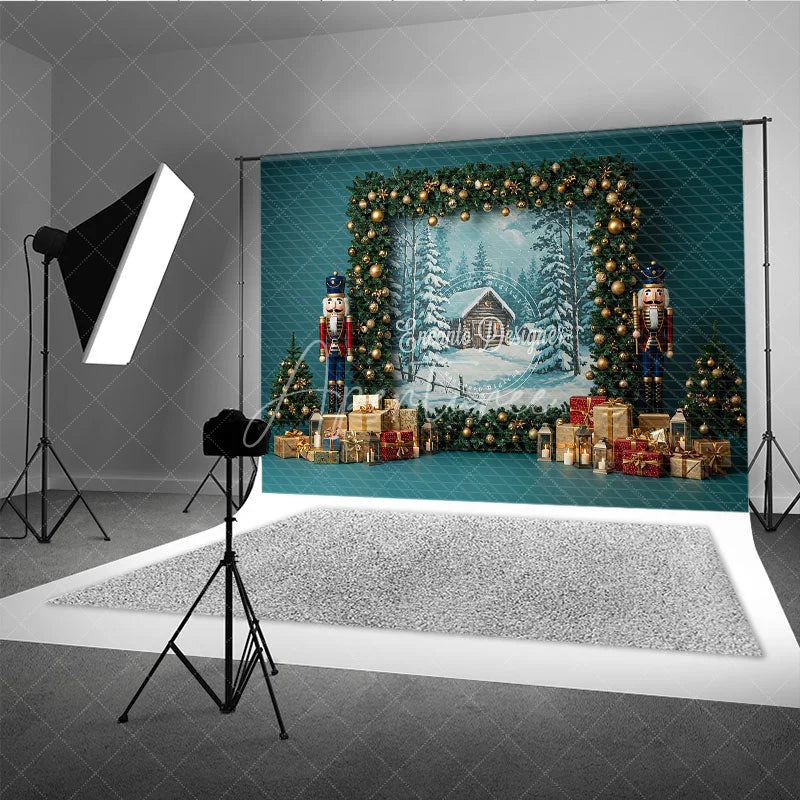 Aperturee - Aperturee Rustic Christmas Photography Backdrop with Nutcrackers Snowy Cabin Painting Holiday Mini Session Background