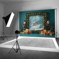 Aperturee - Aperturee Rustic Christmas Photography Backdrop with Nutcrackers Snowy Cabin Painting Holiday Mini Session Background