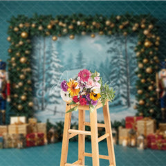 Aperturee - Aperturee Rustic Christmas Photography Backdrop with Nutcrackers Snowy Cabin Painting Holiday Mini Session Background