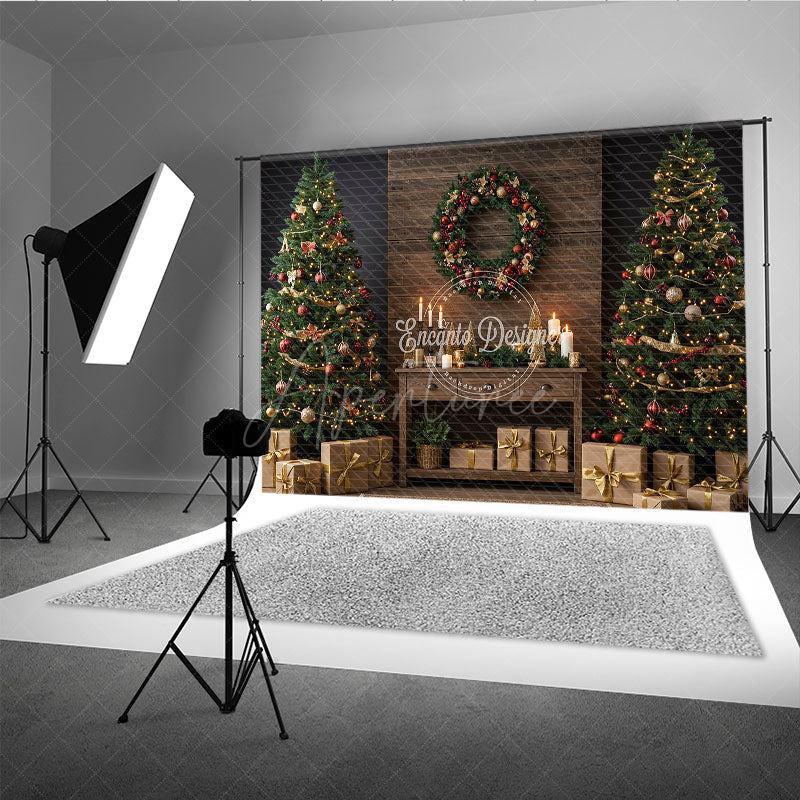 Aperturee - Aperturee Rustic Christmas Photography Backdrop Wood Wall with Trees and Wreath Farmhouse Holiday Mini Session Background