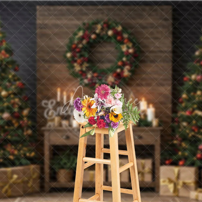 Aperturee - Aperturee Rustic Christmas Photography Backdrop Wood Wall with Trees and Wreath Farmhouse Holiday Mini Session Background