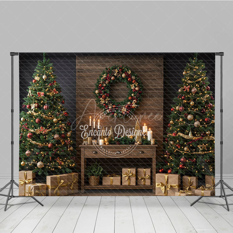 Aperturee - Aperturee Rustic Christmas Photography Backdrop Wood Wall with Trees and Wreath Farmhouse Holiday Mini Session Background
