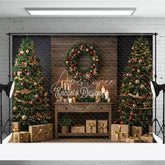 Aperturee - Aperturee Rustic Christmas Photography Backdrop Wood Wall with Trees and Wreath Farmhouse Holiday Mini Session Background