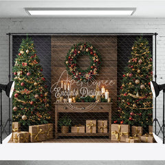 Aperturee - Aperturee Rustic Christmas Photography Backdrop Wood Wall with Trees and Wreath Farmhouse Holiday Mini Session Background