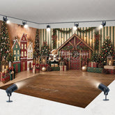 Aperturee - Aperturee Rustic Christmas Room Set Backdrop with Decorated Trees Cozy Houses and Teddy Bear Winter Holiday Photo Prop