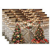 Aperturee - Aperturee Rustic Christmas Set of 4 Placemats Barn Door with String Lights Xmas Trees Farmhouse Table Mats