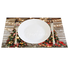 Aperturee - Aperturee Rustic Christmas Set of 4 Placemats Barn Door with String Lights Xmas Trees Farmhouse Table Mats