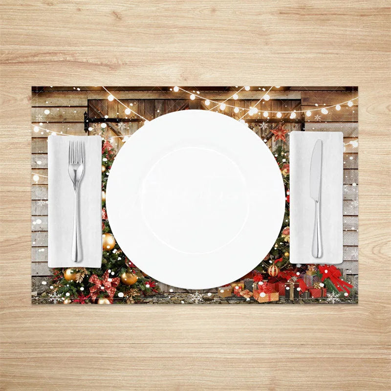 Aperturee - Aperturee Rustic Christmas Set of 4 Placemats Barn Door with String Lights Xmas Trees Farmhouse Table Mats