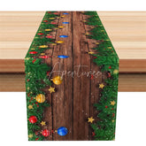 Aperturee - Aperturee Rustic Christmas Table Runner Wood Grain with Garland Colorful Ornaments Holiday Table Decor