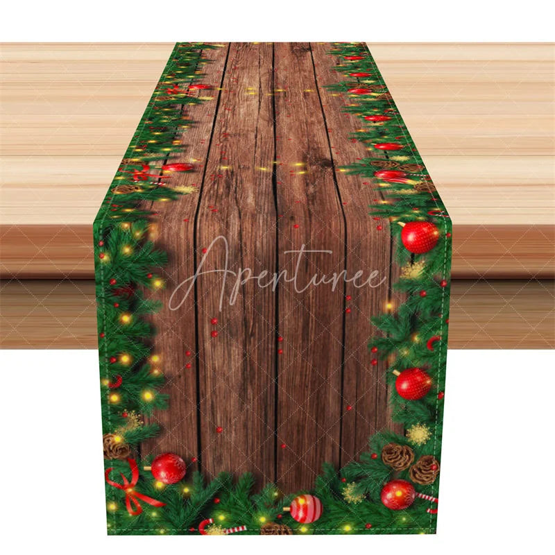 Aperturee - Aperturee Rustic Christmas Table Runner Wood Grain with Garland Red Ornaments String Lights Holiday Decor