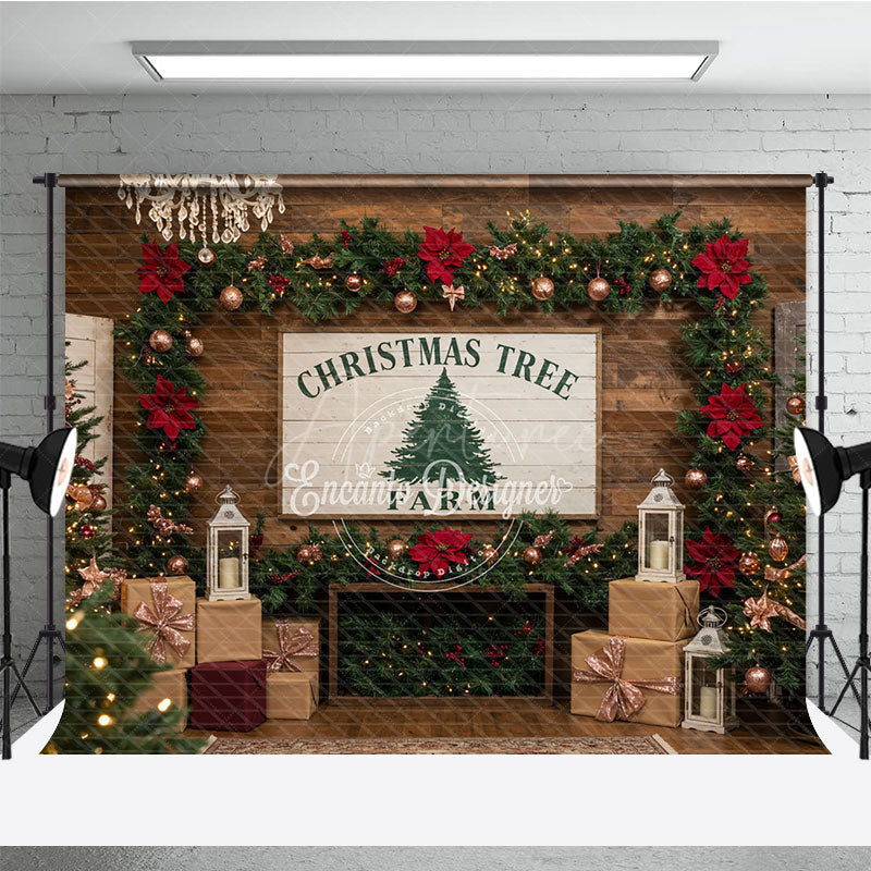 Aperturee - Aperturee Rustic Christmas Tree Farm Photography Backdrop Wood Wall with Chandelier Farmhouse Holiday Photo Background