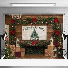 Aperturee - Aperturee Rustic Christmas Tree Farm Photography Backdrop Wood Wall with Chandelier Farmhouse Holiday Photo Background