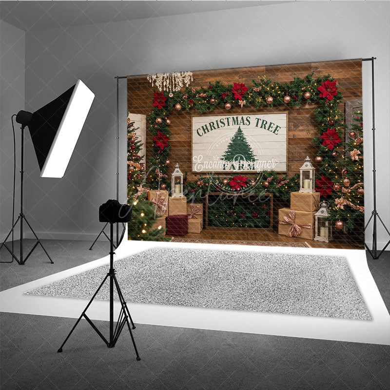 Aperturee - Aperturee Rustic Christmas Tree Farm Photography Backdrop Wood Wall with Chandelier Farmhouse Holiday Photo Background