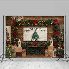 Aperturee - Aperturee Rustic Christmas Tree Farm Photography Backdrop Wood Wall with Chandelier Farmhouse Holiday Photo Background