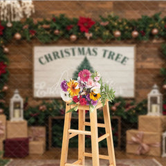 Aperturee - Aperturee Rustic Christmas Tree Farm Photography Backdrop Wood Wall with Chandelier Farmhouse Holiday Photo Background