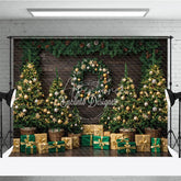 Aperturee - Aperturee Rustic Christmas Tree Farm Photography Backdrop Wood Wall with Garland Green and Gold Holiday Background