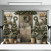 Aperturee - Aperturee Rustic Christmas Tree Farm Photography Backdrop Wooden Shelves with Wreaths Farmhouse Holiday Mini Session Background