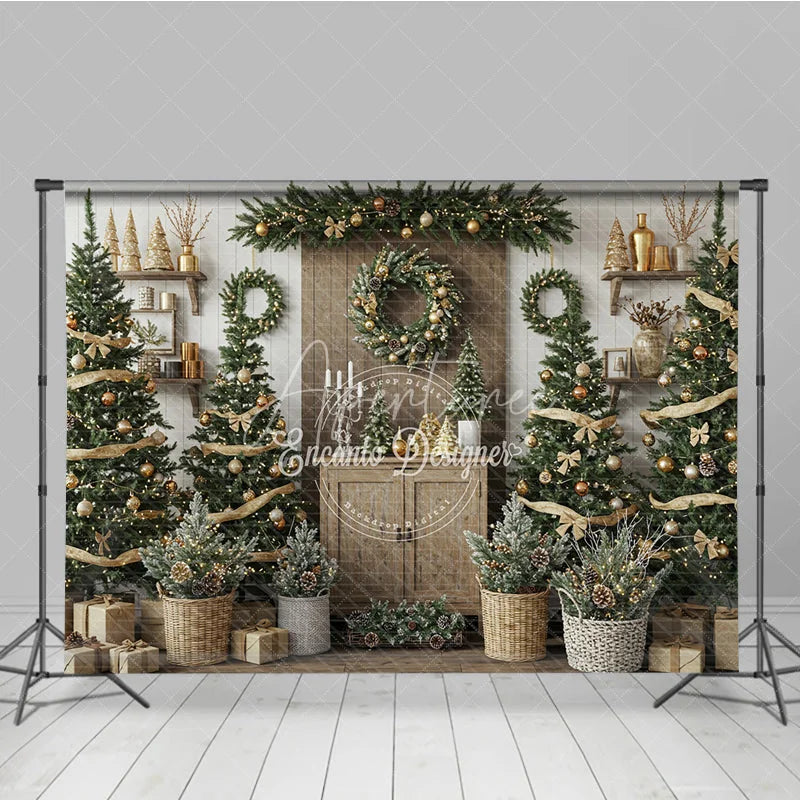 Aperturee - Aperturee Rustic Christmas Tree Farm Photography Backdrop Wooden Shelves with Wreaths Farmhouse Holiday Mini Session Background