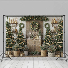 Aperturee - Aperturee Rustic Christmas Tree Farm Photography Backdrop Wooden Shelves with Wreaths Farmhouse Holiday Mini Session Background