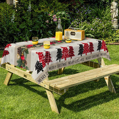 Aperturee - Aperturee Rustic Christmas Tree Rectangle Tablecloth with Red Plaid Burlap Runner Style Farmhouse Holiday Dining Decor